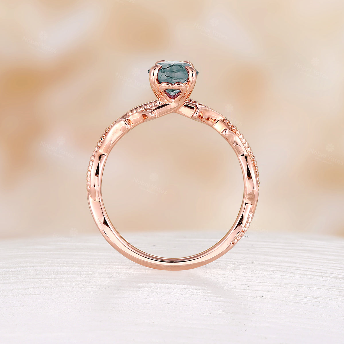 Nature Inspired Twig Pear Cut Moss Agate Twist Rose Gold Engagement Ring