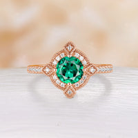 Round Cut Vintage Inspired Lab Emerald Moissanite Halo Engagement Ring Milgrain