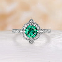 Round Cut Vintage Inspired Lab Emerald Moissanite Halo Engagement Ring Milgrain