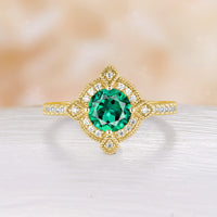 Round Cut Vintage Inspired Lab Emerald Moissanite Halo Engagement Ring Milgrain