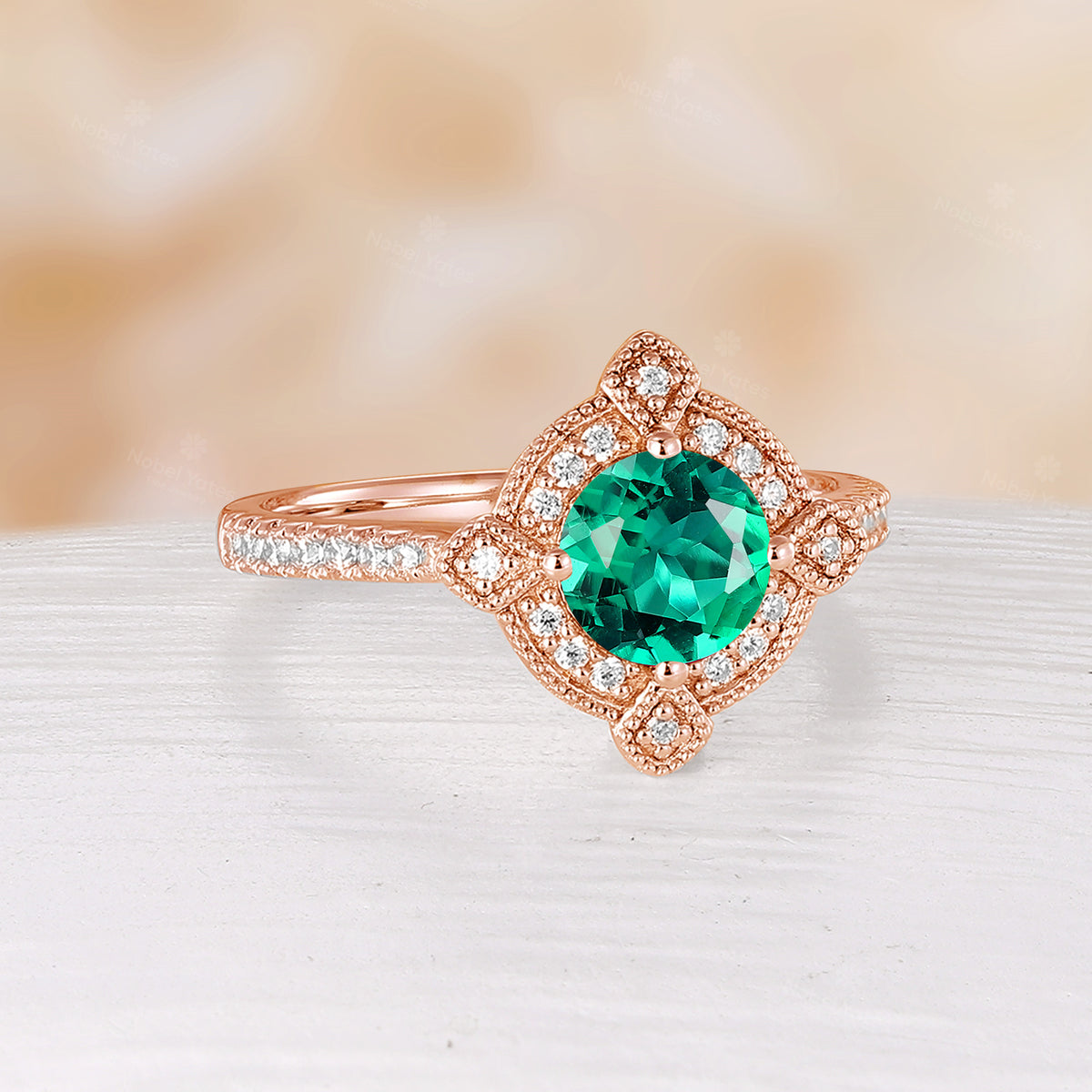 Round Cut Vintage Inspired Lab Emerald Moissanite Halo Engagement Ring Milgrain