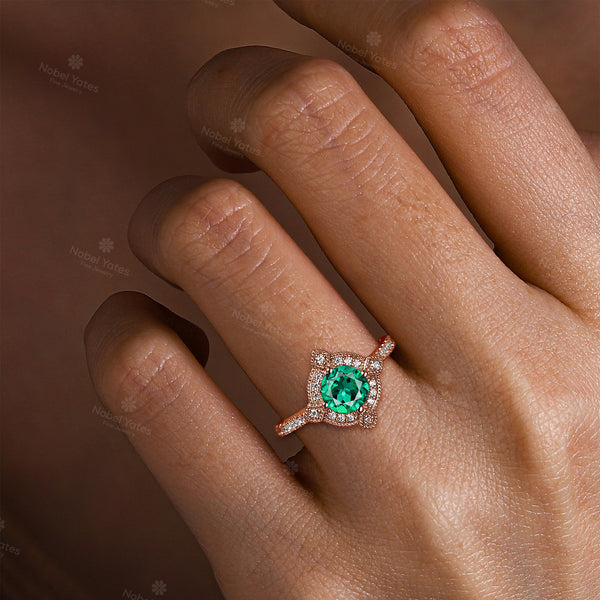 Round Cut Vintage Inspired Lab Emerald Moissanite Halo Engagement Ring Milgrain