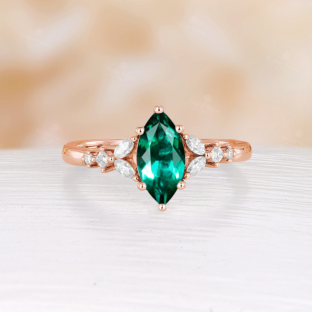 Marquise Shape Lab Emerald Side Stone Cluster Engagement Ring Rose Gold