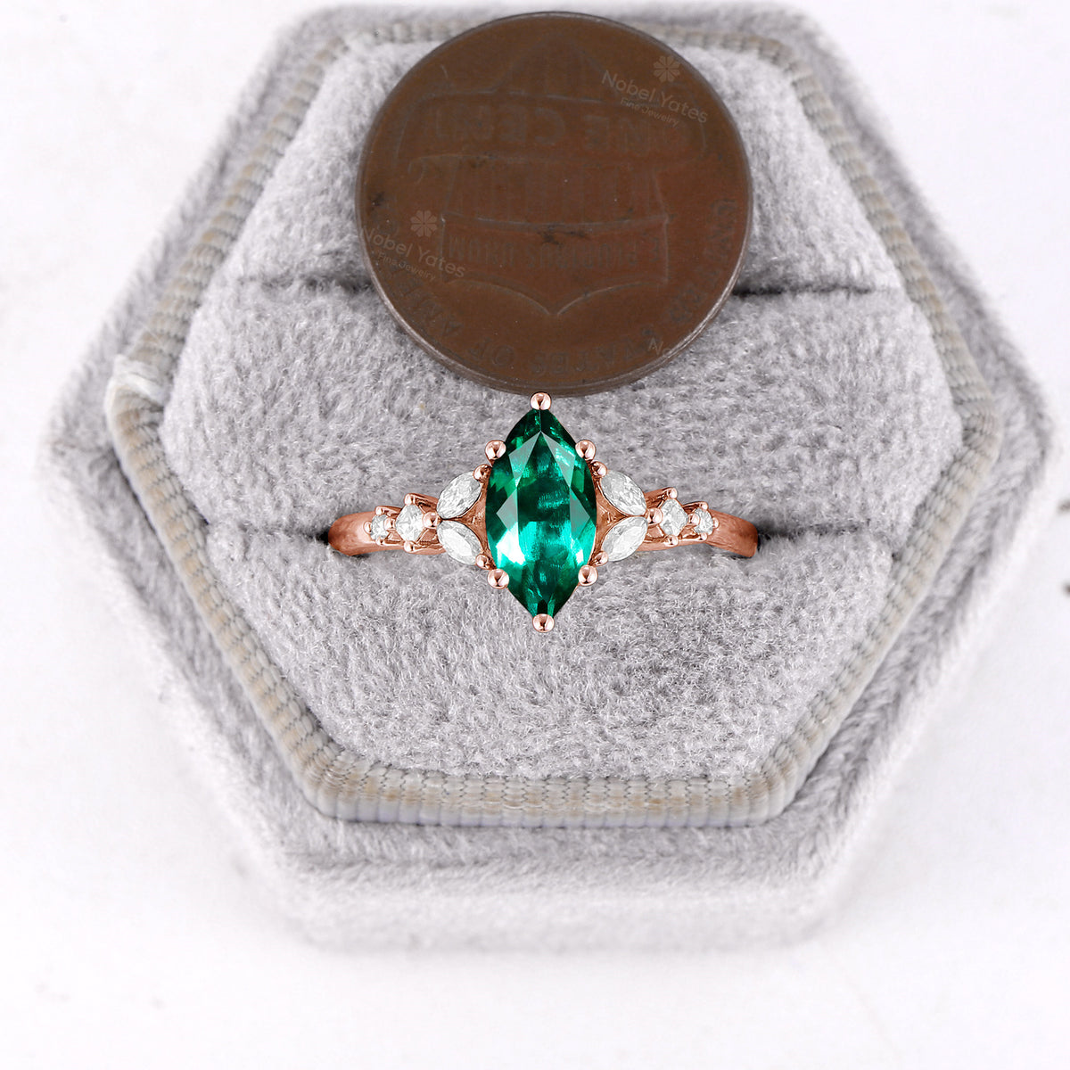 Marquise Shape Lab Emerald Side Stone Cluster Engagement Ring Rose Gold