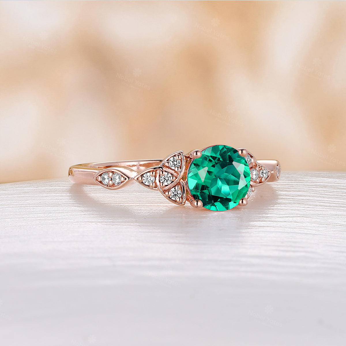 Round Lab Emerald Unique Celtic Side Stones Engagement Ring Rose Gold