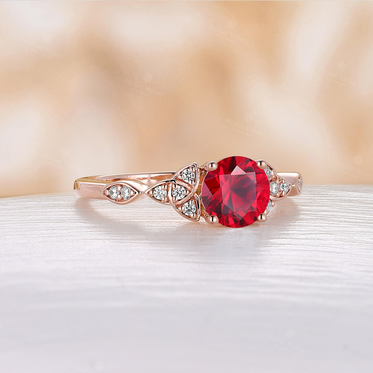 Lab Ruby Round Shape Unique Celtic Side Stones Engagement Ring Rose Gold