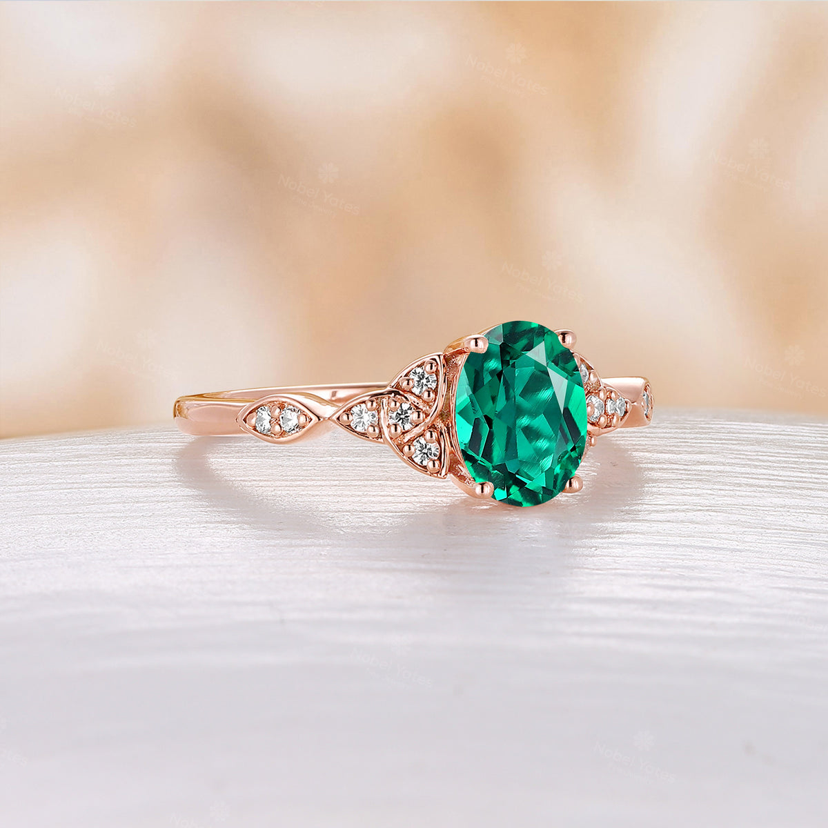 Oval Lab Emerald Engagement Ring Celtic Rose Gold With Side Stones