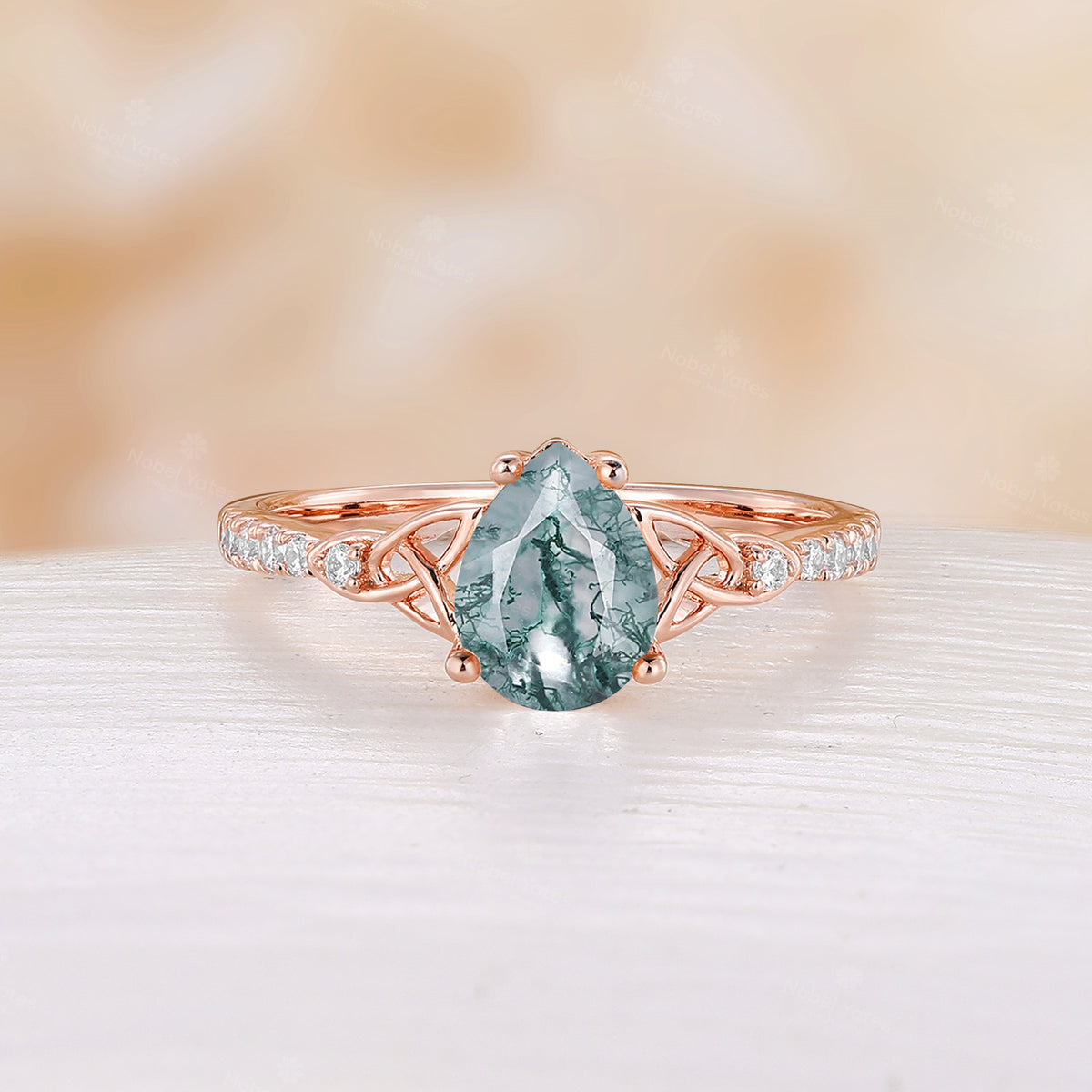 Celtic Inspired Pear Cut Moss Agate Engagement Ring Rose Gold Pave Band