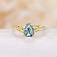 Celtic Inspired Pear Cut Moss Agate Engagement Ring Rose Gold Pave Band