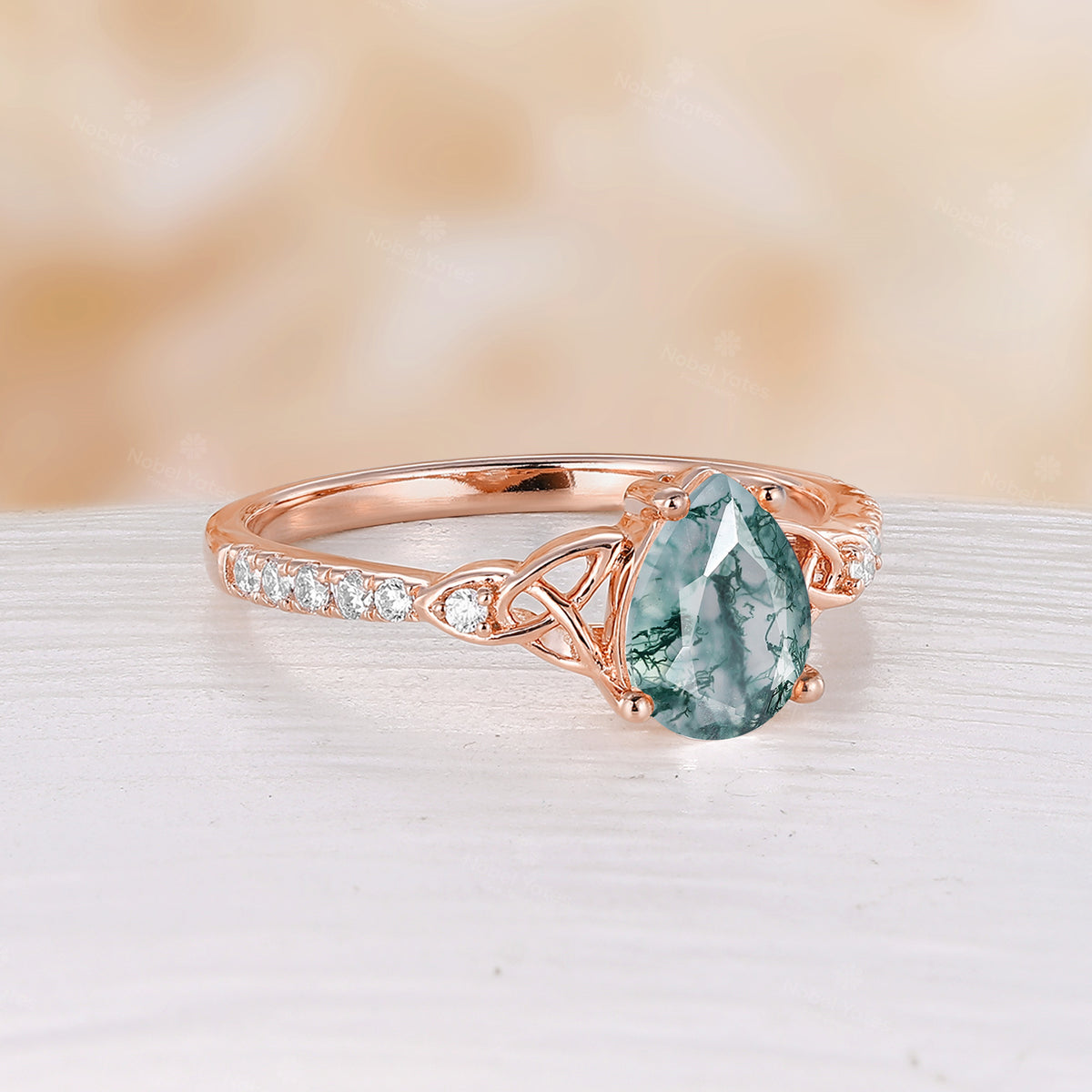 Celtic Inspired Pear Cut Moss Agate Engagement Ring Rose Gold Pave Band