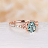 Celtic Inspired Pear Cut Moss Agate Engagement Ring Rose Gold Pave Band