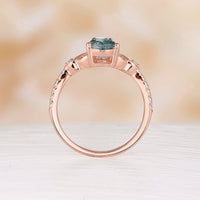 Celtic Inspired Pear Cut Moss Agate Engagement Ring Rose Gold Pave Band