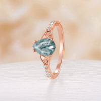 Celtic Inspired Pear Cut Moss Agate Engagement Ring Rose Gold Pave Band