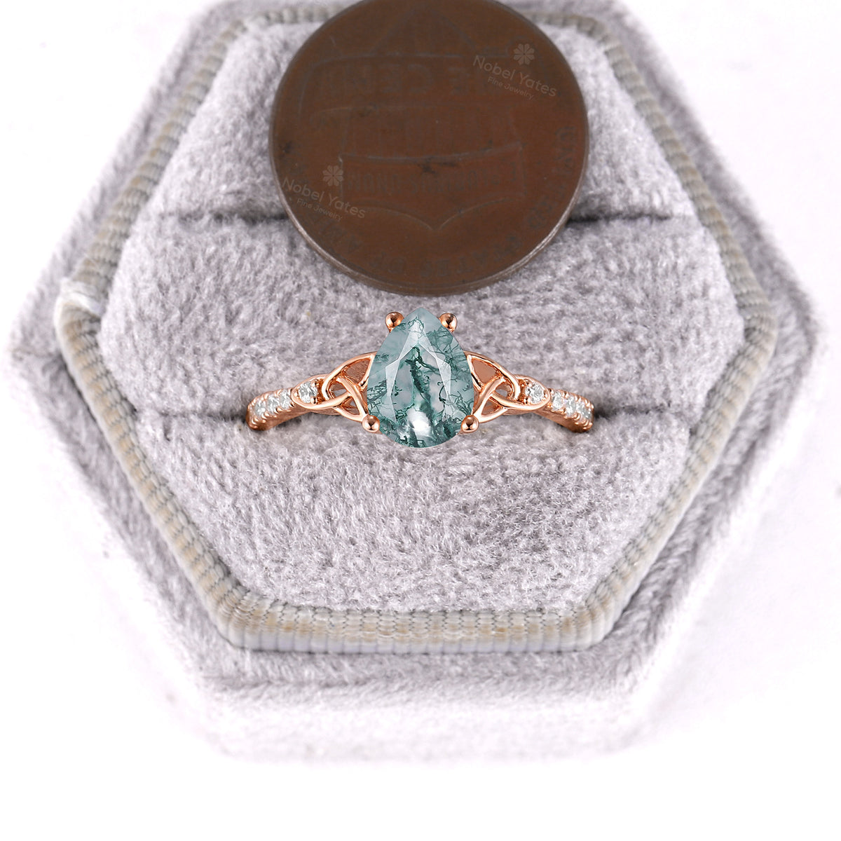 Celtic Inspired Pear Cut Moss Agate Engagement Ring Rose Gold Pave Band