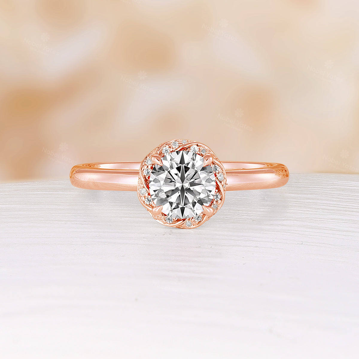 Classic Round Moissanite Flower Halo Engagement Ring Hidden Halo Rose Gold