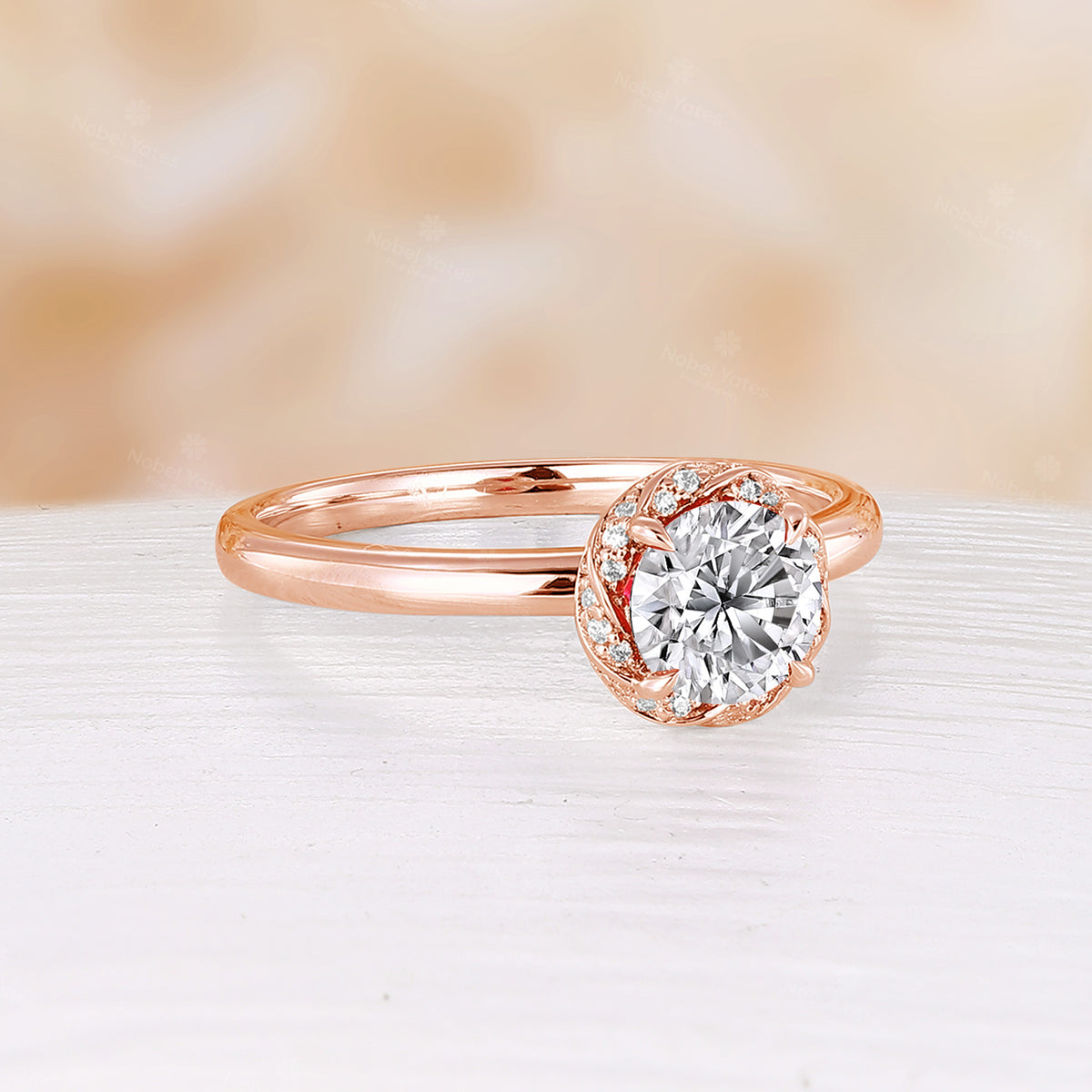 Classic Round Moissanite Flower Halo Engagement Ring Hidden Halo Rose Gold