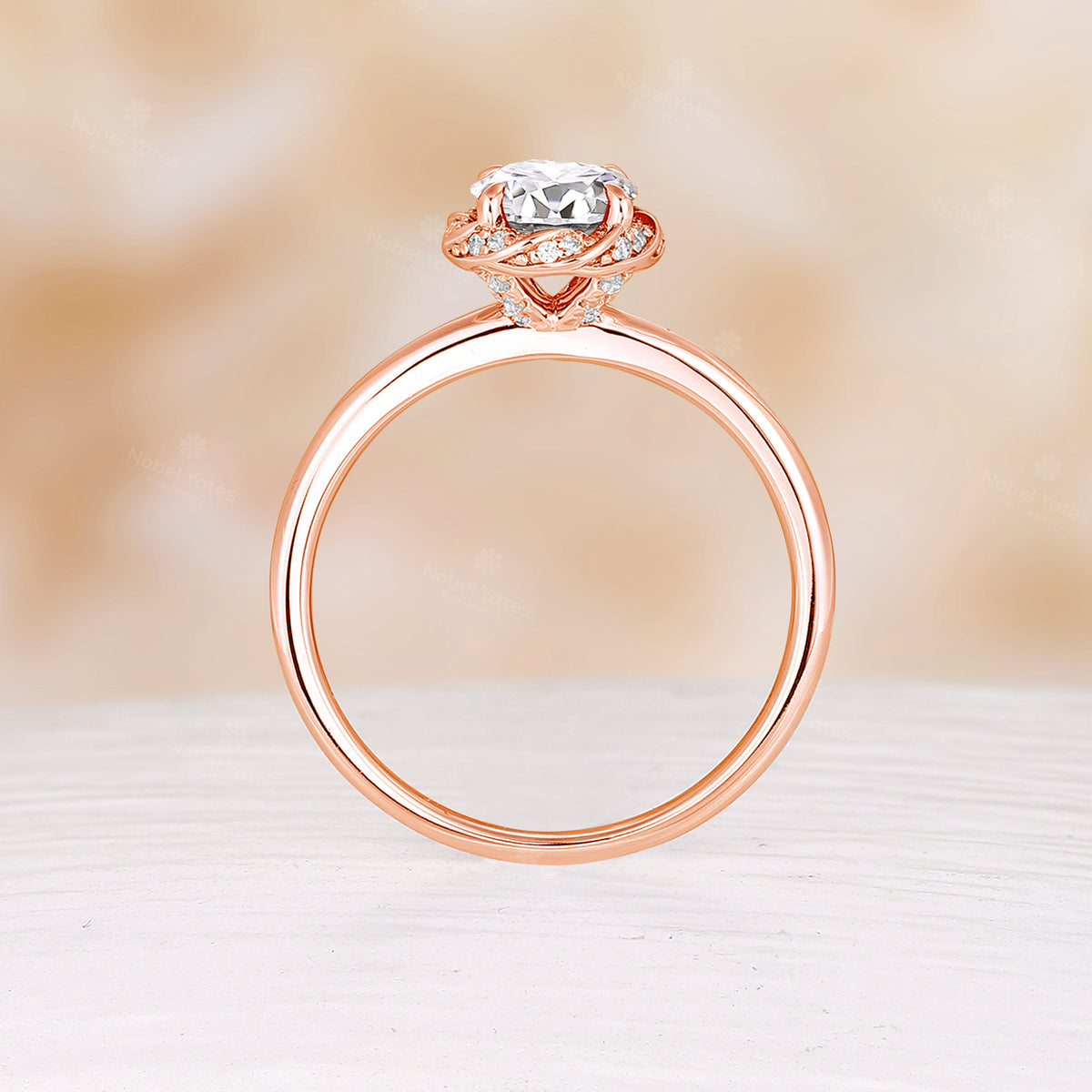 Classic Round Moissanite Flower Halo Engagement Ring Hidden Halo Rose Gold