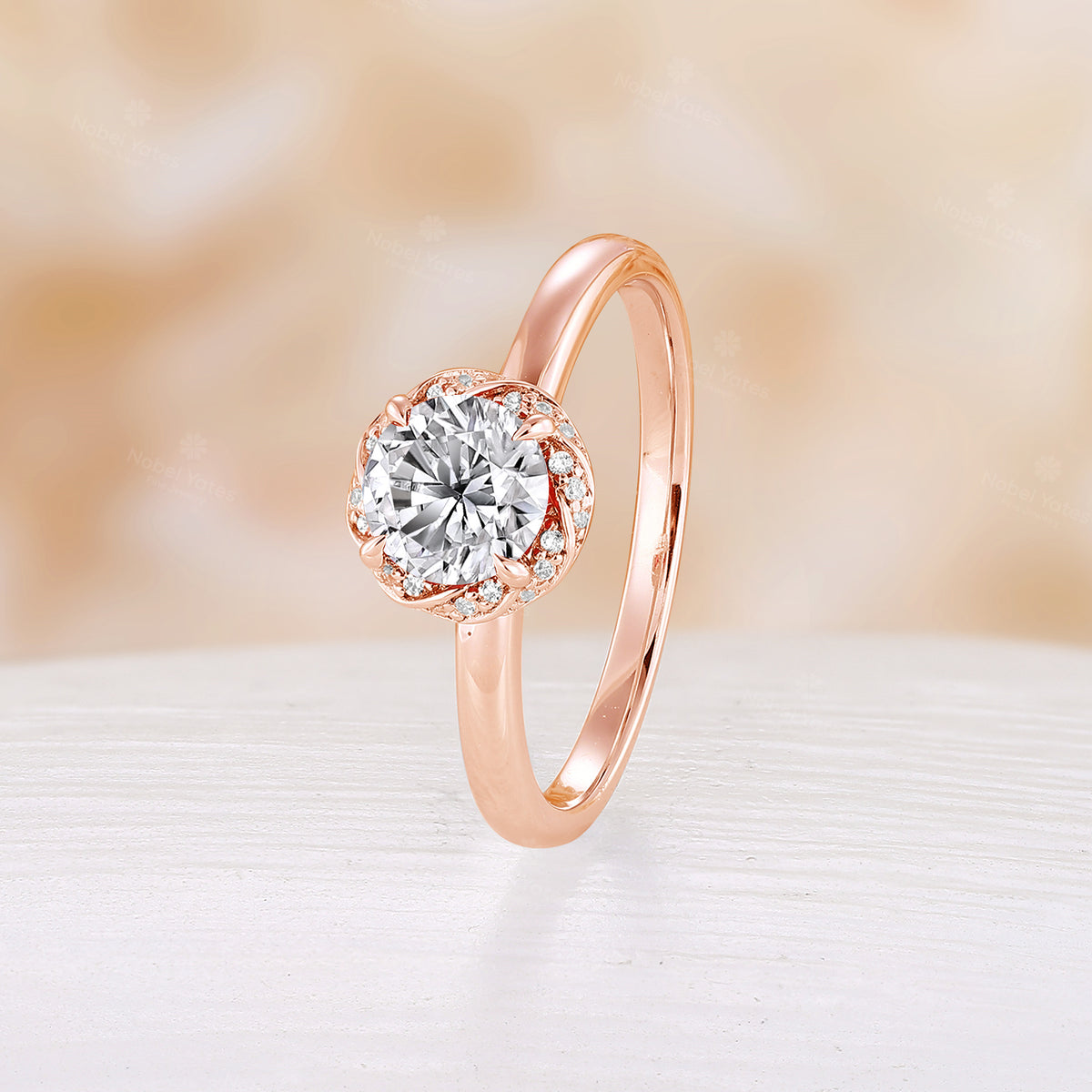 Classic Round Moissanite Flower Halo Engagement Ring Hidden Halo Rose Gold