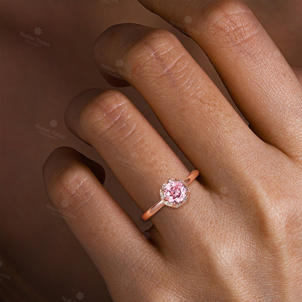 Classic Round Lab Grown Padparadscha Engagement Ring Hidden Halo Rose Gold