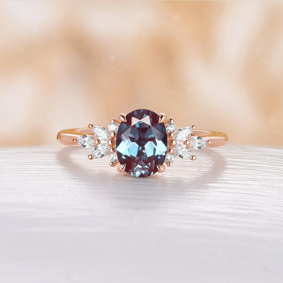 Oval Lab Alexandrite Marquise Cluster Moissanite Engagement Ring Rose Gold