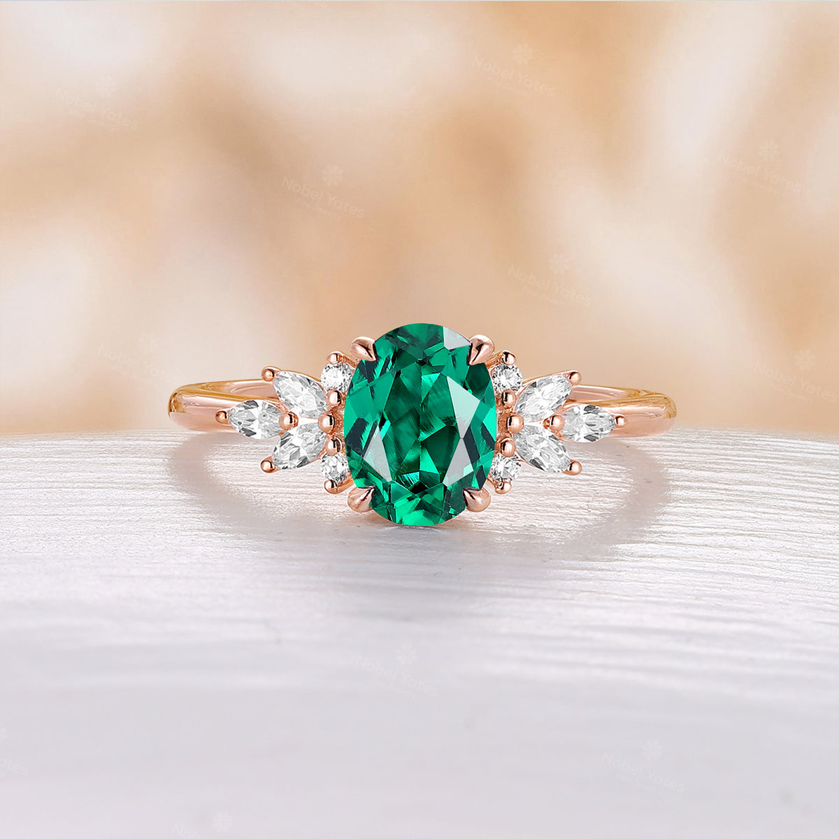 Lab Emerald Oval Shape Engagement Ring Marquise Side Stones Rose Gold