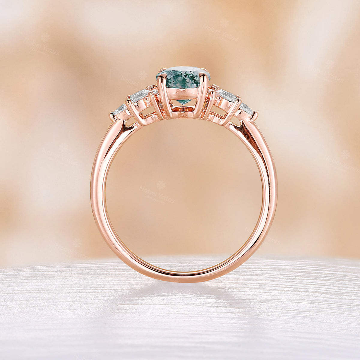 Moss Agate Rose Gold Engagement Ring Marquise Moissanite Cluster Ring