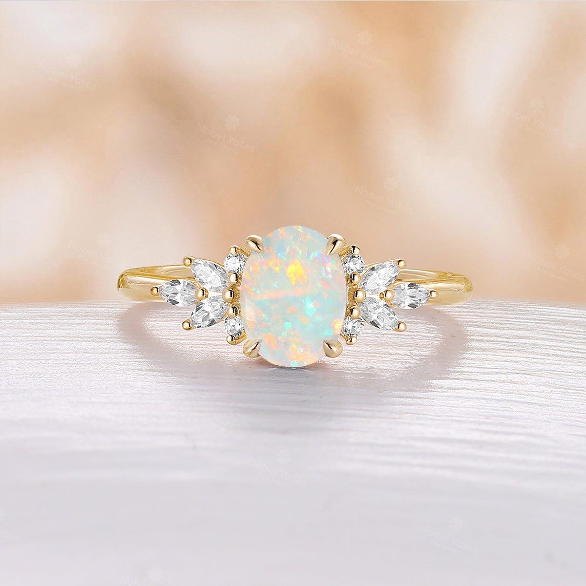 Moss Agate Rose Gold Engagement Ring Marquise Moissanite Cluster Ring