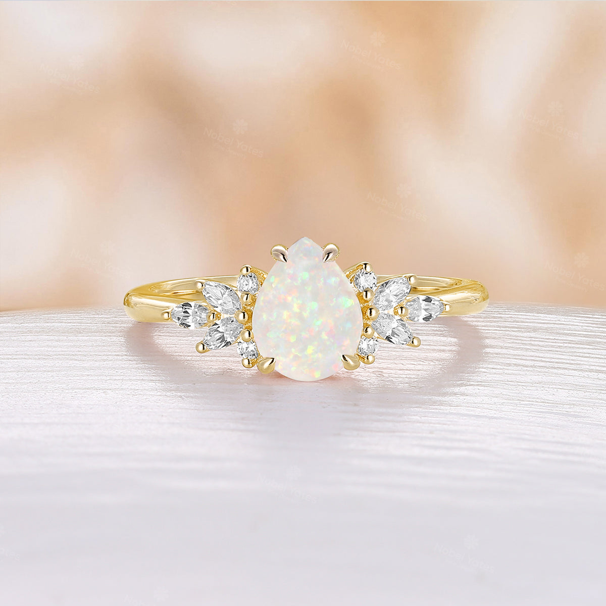 Natural White Opal Pear Cut Marquise Moissanite Cluster Engagement Ring