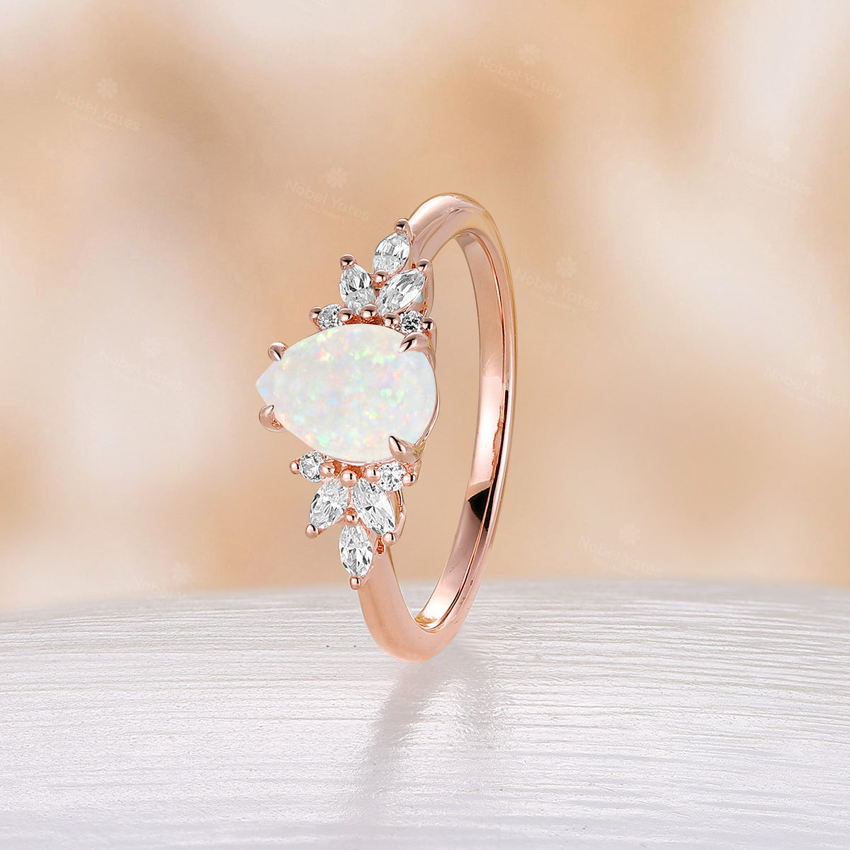 Natural White Opal Pear Cut Marquise Moissanite Cluster Engagement Ring