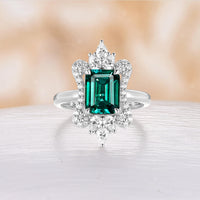 Unique Lab Emerald  Moissanite Halo Engagement Ring Emerald  Cut Rose Gold