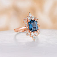 Natural London Blue Topaz Rose Gold Engagement Ring Unique Halo Moissanite