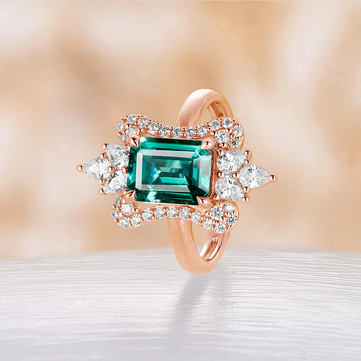 Unique Lab Emerald  Moissanite Halo Engagement Ring Emerald  Cut Rose Gold