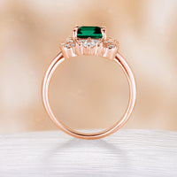 Unique Lab Emerald  Moissanite Halo Engagement Ring Emerald  Cut Rose Gold