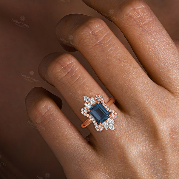 Natural London Blue Topaz Rose Gold Engagement Ring Unique Halo Moissanite