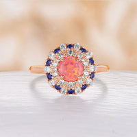 Round Lab Opal Double Halo Engagement Ring Moissanite & Lab Sapphire