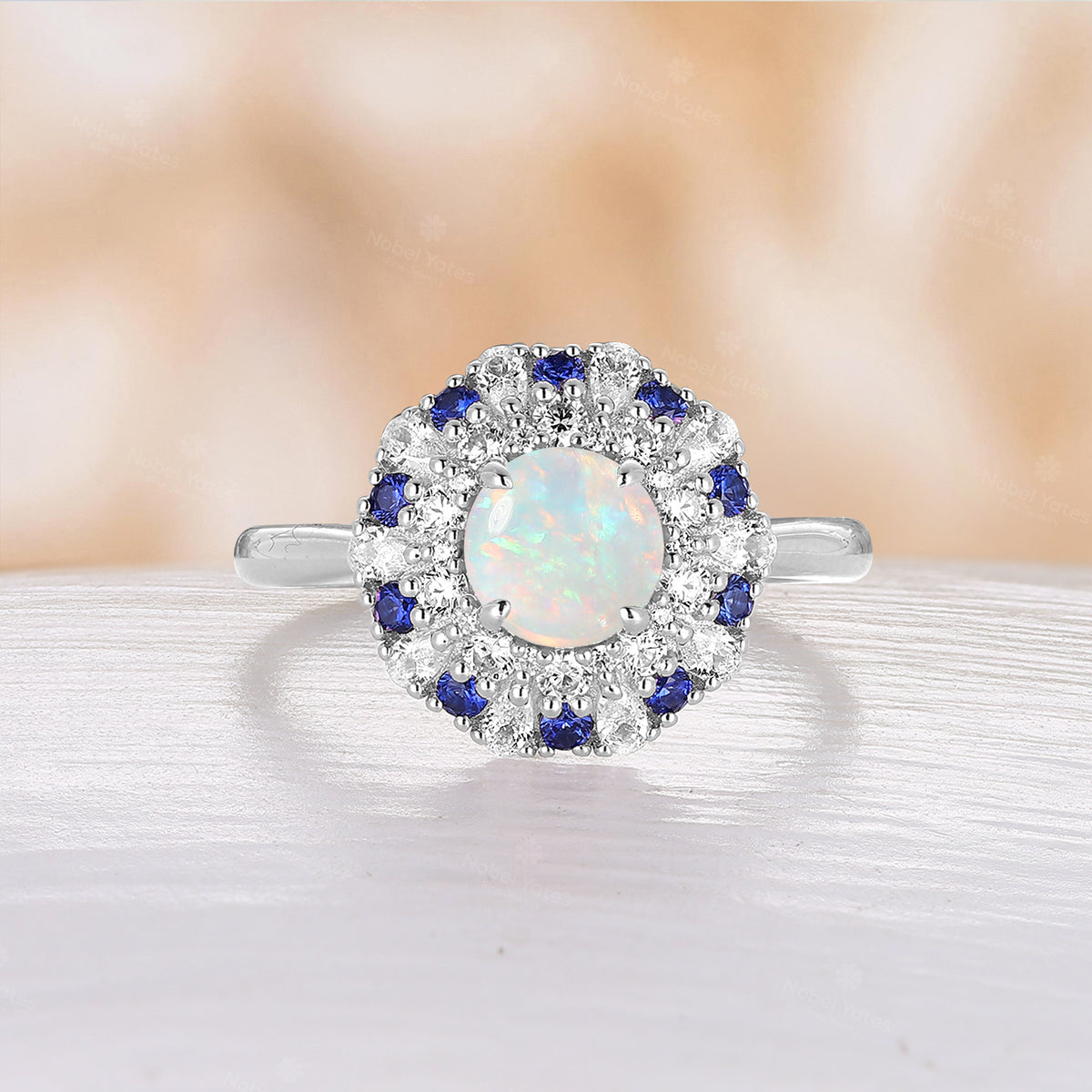 Natural White Opal Round Double Halo Engagement Ring Moissanite & Lab Sapphire