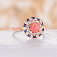 Round Lab Opal Double Halo Engagement Ring Moissanite & Lab Sapphire