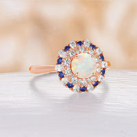 Natural White Opal Round Double Halo Engagement Ring Moissanite & Lab Sapphire
