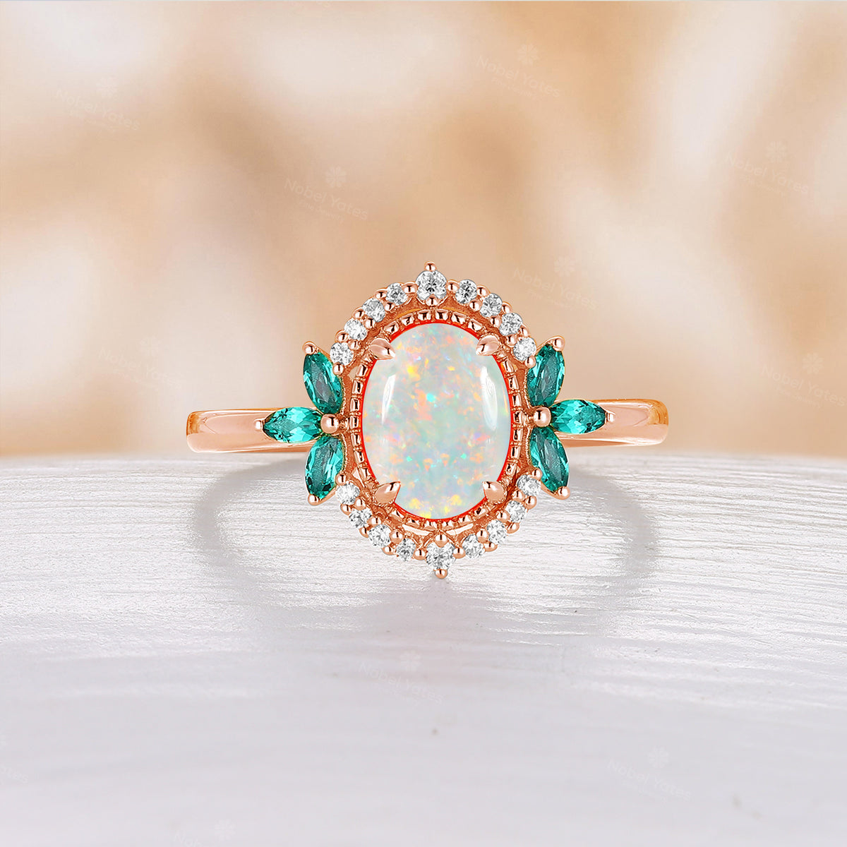 Oval White Opal Milgrain Yellow Gold Engagement Ring Marquise Emerald