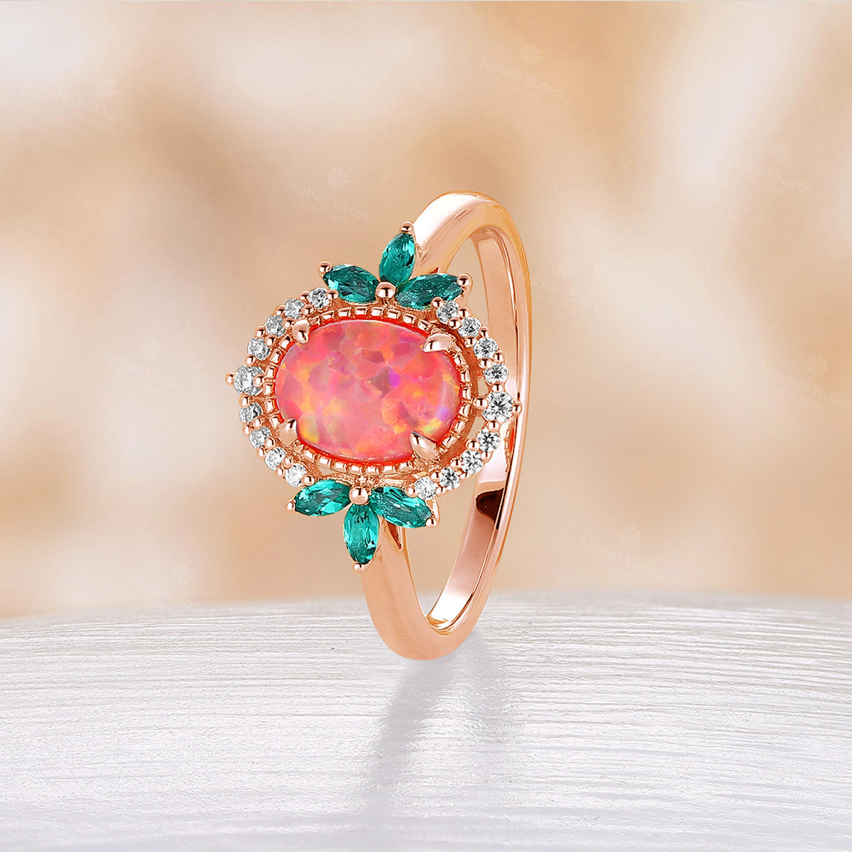 Oval Lab Opal Milgrain Rose Gold Engagement Ring Marquise Emerald