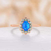 Oval Cut White Opal Engagement Ring Moissnaite & Emerald Foral Halo