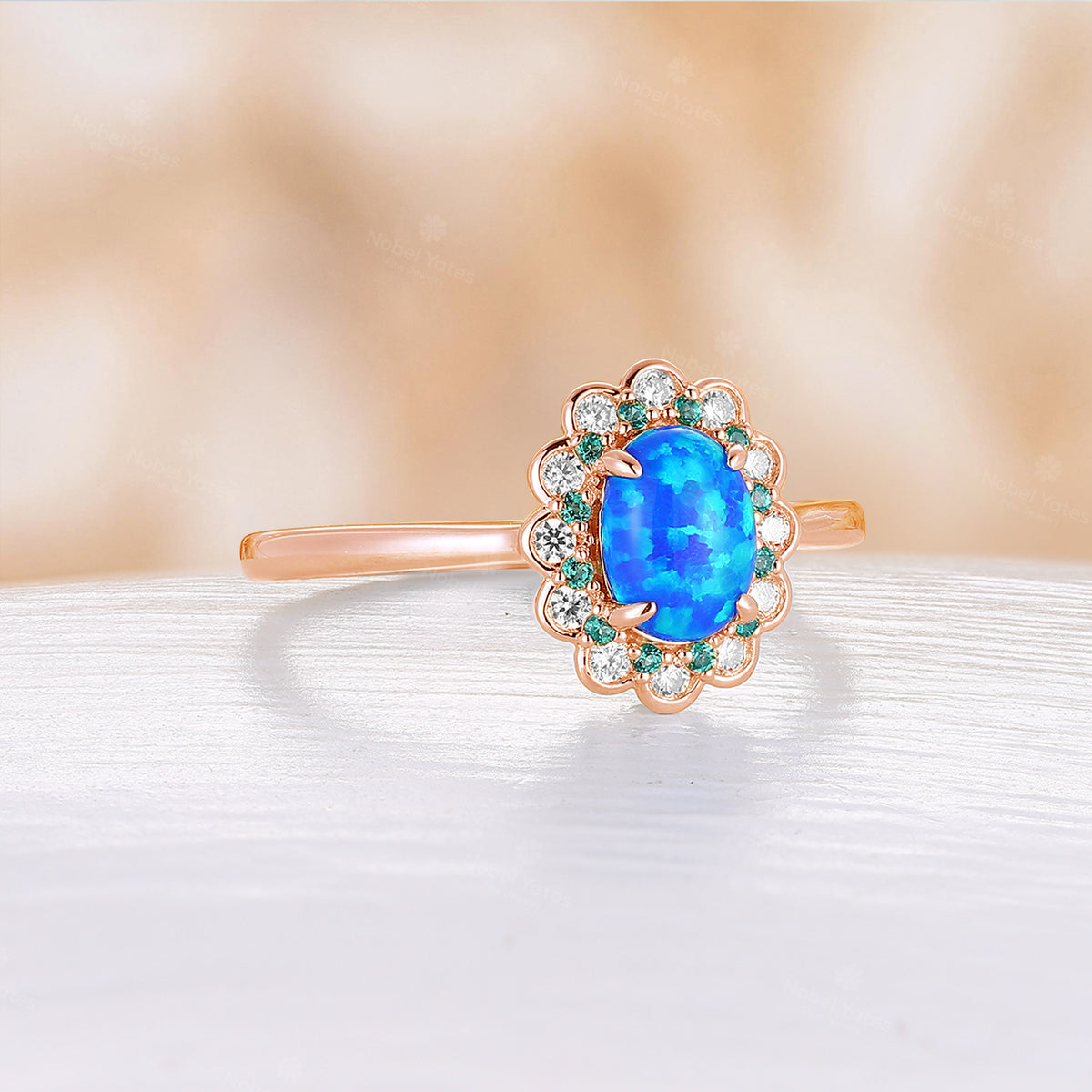 Blue Oval Lab Opal Lab Emerald & Moissanite Halo Engagement Ring Rose Gold