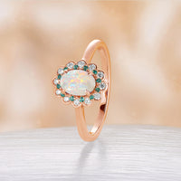 Oval Cut White Opal Engagement Ring Moissnaite & Emerald Foral Halo