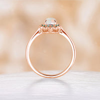 Oval Cut White Opal Engagement Ring Moissnaite & Emerald Foral Halo