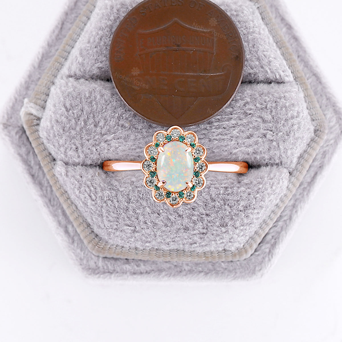 Oval Cut White Opal Engagement Ring Moissnaite & Emerald Foral Halo