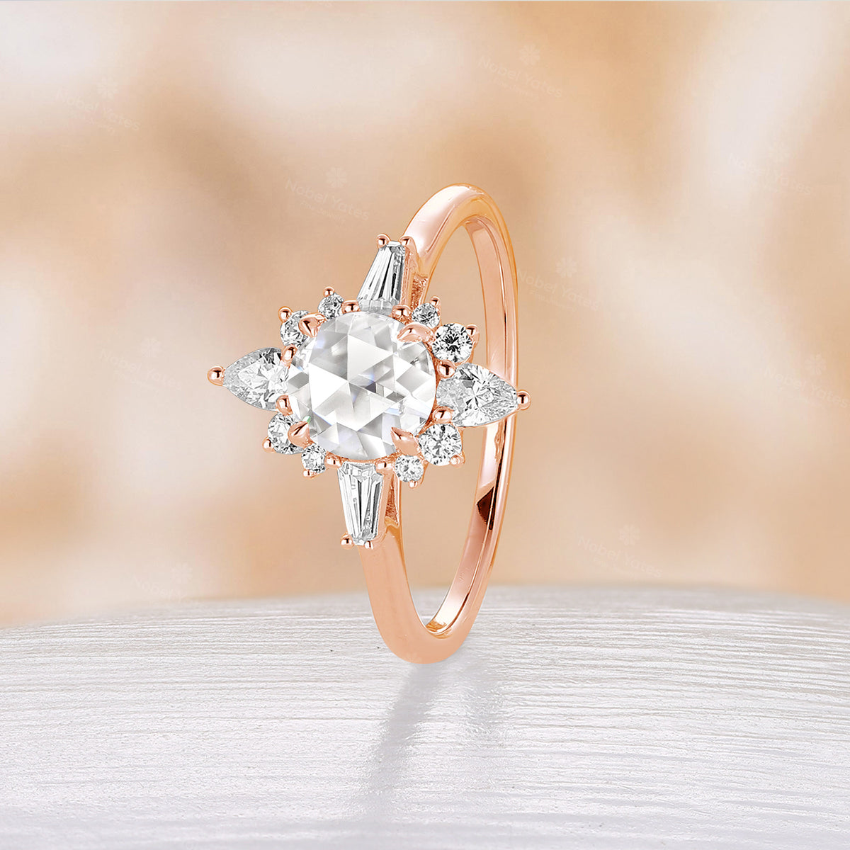 Unique Rose Cut Round Shape Moissanite Halo Engagement Ring Rose Gold