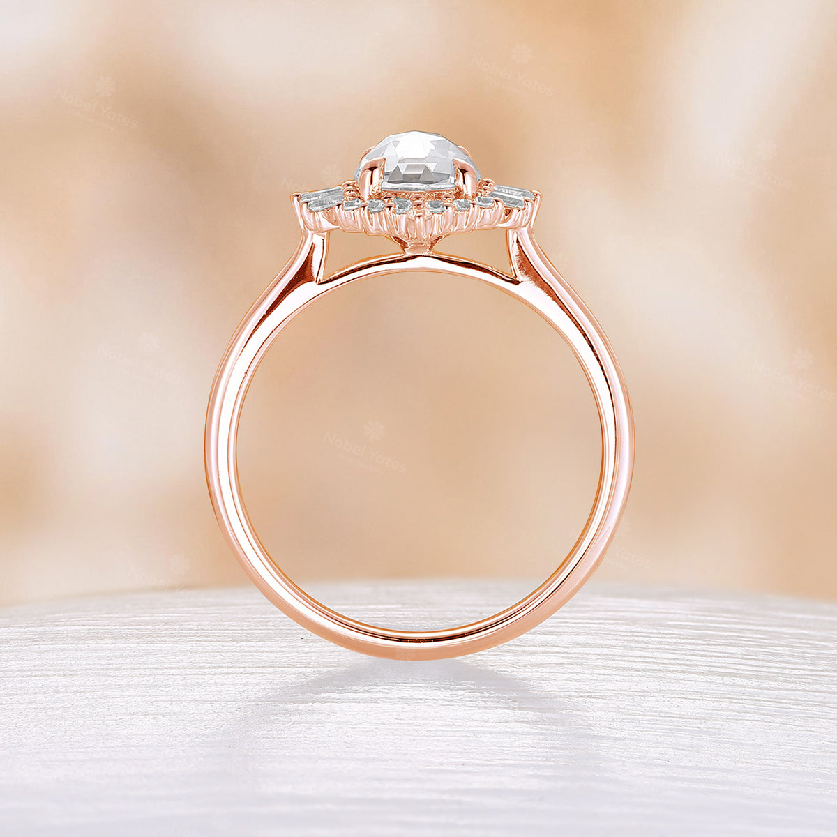Art Deco Rose Cut Moissanite Engagement Ring Round Halo