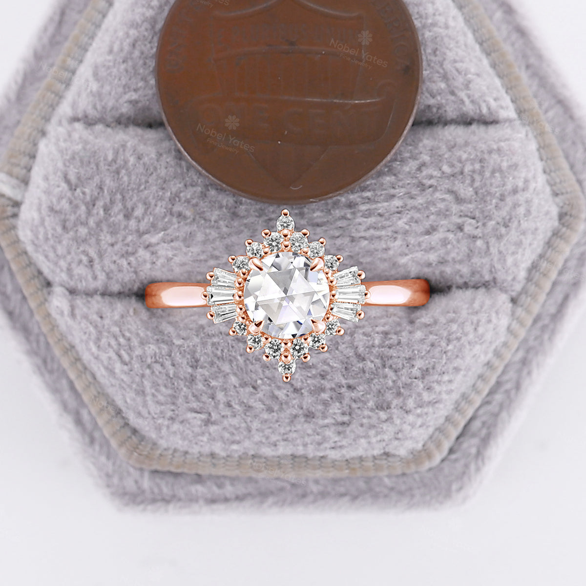 Art Deco Rose Cut Moissanite Engagement Ring Round Halo