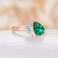 Toi Et Moi Double Gemstone Pear Moissanite Emerald You and Me Engagement Ring