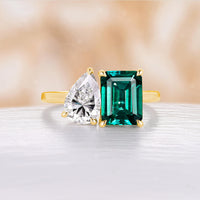 Toi et Moi Engagement ring Double Stone Emerald & Moissanite Promise Rose Gold